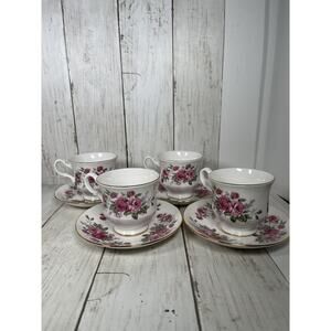 Queen Anne Bone China Coffee / Tea Cup And Saucer Set 4 Red / Pink Roses England